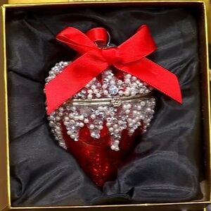 Red Mercury Glass Heart Ornament w/Pearl & Bling Detail, Bow, New In Gift Box